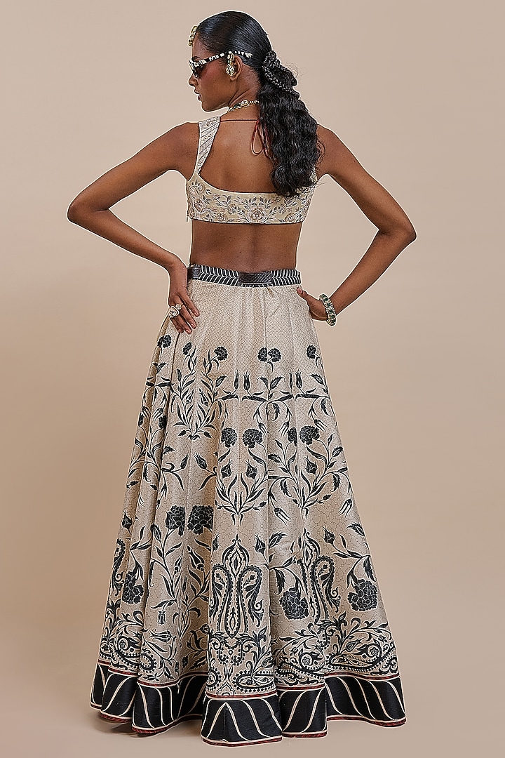 Cream-Ivory Cotton Satin Linen Printed & Embellished Skirt Set by JJV.Kapurthala By JJ Valaya at Pernia's Pop Up Shop