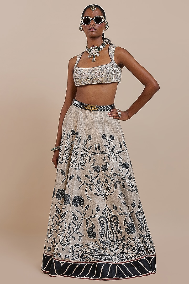 Cream-Ivory Cotton Satin Linen Printed & Embellished Skirt Set by JJV.Kapurthala By JJ Valaya at Pernia's Pop Up Shop