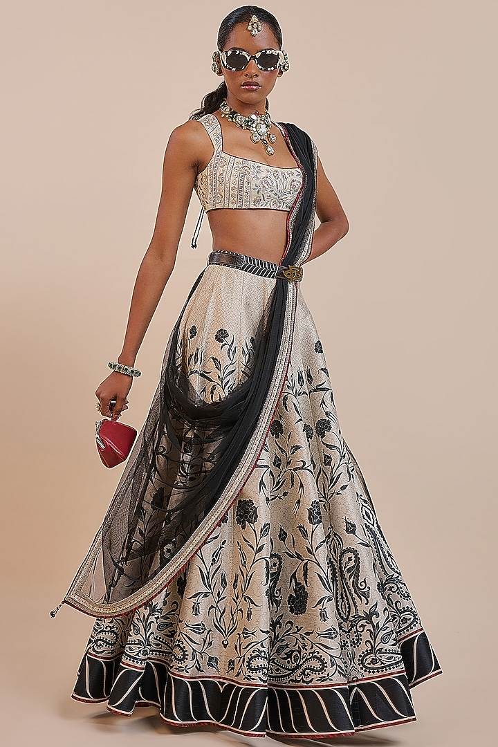 Cream-Ivory Cotton Satin Linen Printed & Embellished Skirt Set by JJV.Kapurthala By JJ Valaya at Pernia's Pop Up Shop