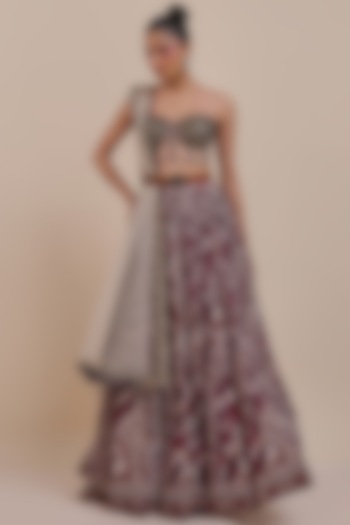 Plum Red Viscose Georgette Embroidered Skirt Set by JJV.Kapurthala By JJ Valaya at Pernia's Pop Up Shop