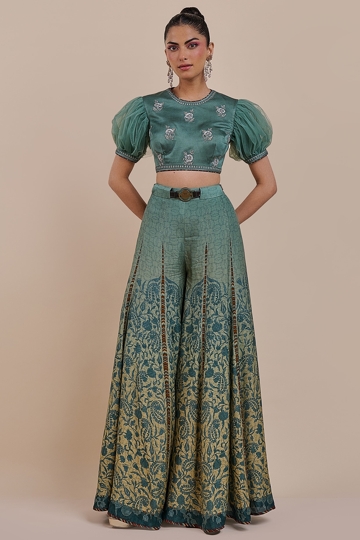 JJV.Kapurthala By JJ Valaya Teal Blue Ombre Cupro Viscose Ombre Sharara Set