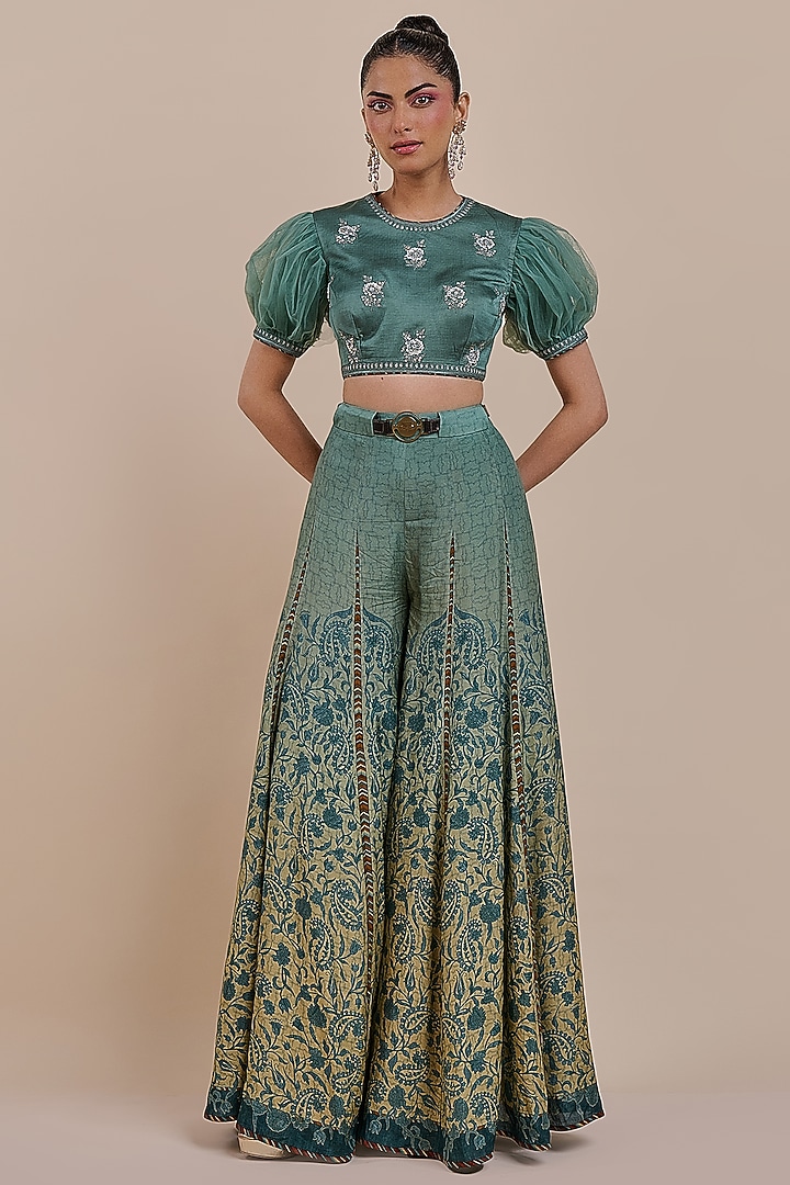 Teal Blue Ombre Cupro Viscose Ombre Wedding Sharara Set by JJV.Kapurthala By JJ Valaya at Pernia's Pop Up Shop