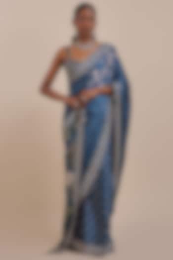 Midnight Blue Viscose Modal Satin Reception Saree Set by JJV.Kapurthala By JJ Valaya at Pernia's Pop Up Shop