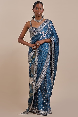 Midnight Blue Viscose Modal Satin Saree Set by JJV.Kapurthala By JJ Valaya