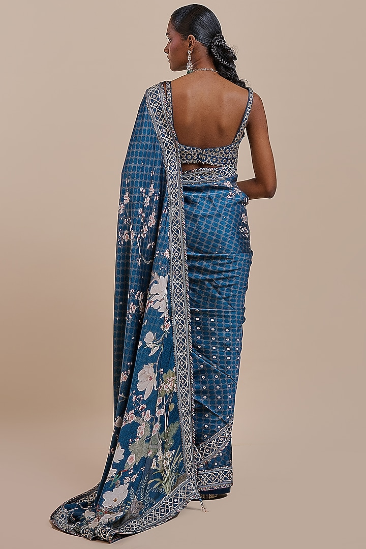 Midnight Blue Viscose Modal Satin Reception Saree Set by JJV.Kapurthala By JJ Valaya at Pernia's Pop Up Shop