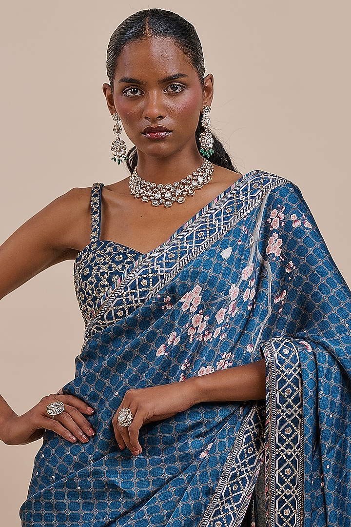 Midnight Blue Viscose Modal Satin Reception Saree Set by JJV.Kapurthala By JJ Valaya at Pernia's Pop Up Shop