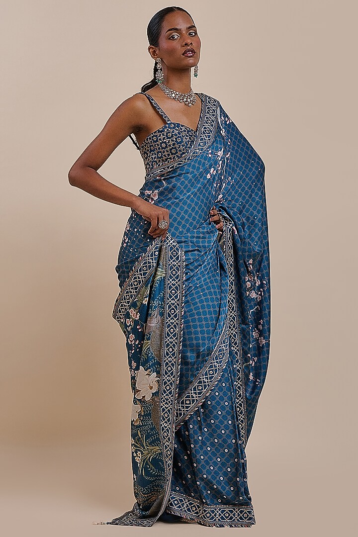 Midnight Blue Viscose Modal Satin Reception Saree Set by JJV.Kapurthala By JJ Valaya at Pernia's Pop Up Shop