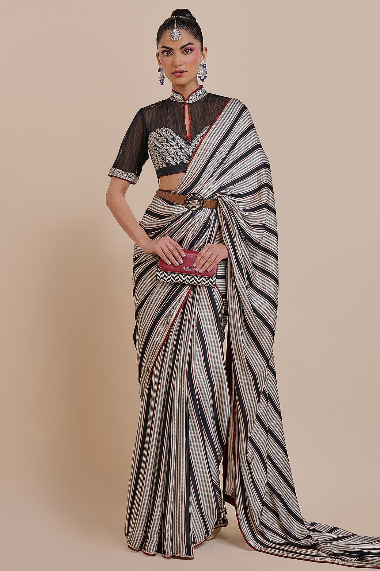 JJV.Kapurthala By JJ Valaya Black & Ivory Viscose Modal Satin Saree Set