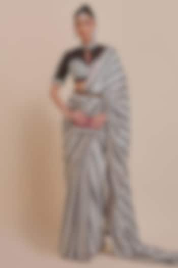 Black & Ivory Viscose Modal Satin Wedding Saree Set by JJV.Kapurthala By JJ Valaya at Pernia's Pop Up Shop
