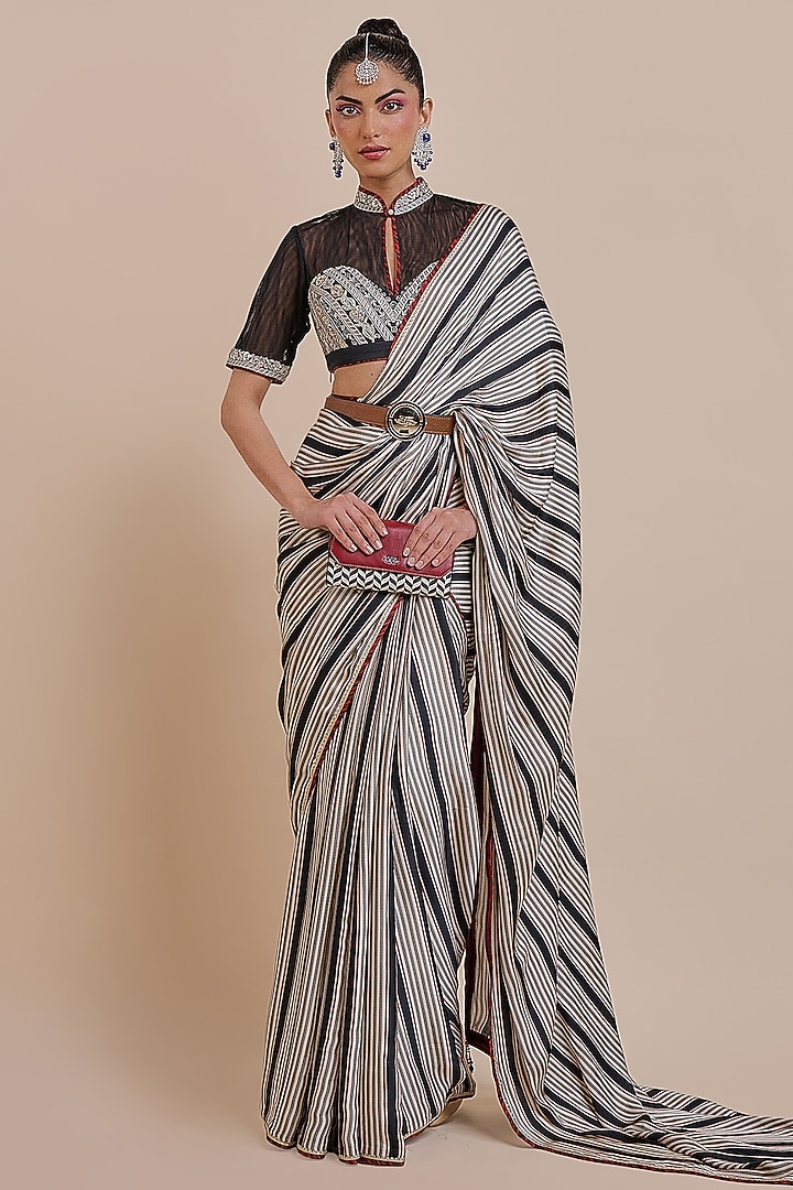 Black & Ivory Viscose Modal Satin Wedding Saree Set by JJV.Kapurthala By JJ Valaya at Pernia's Pop Up Shop
