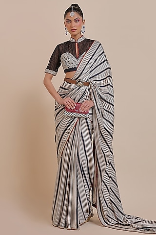 Black & Ivory Viscose Modal Satin Saree Set by JJV.Kapurthala By JJ Valaya