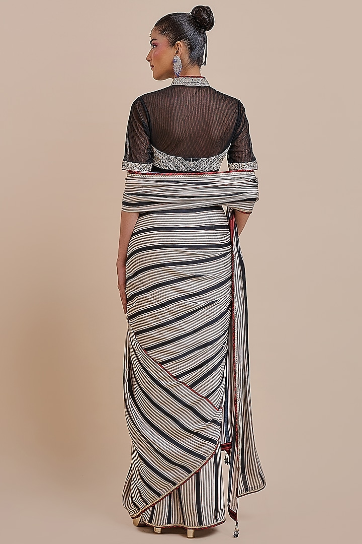 Black & Ivory Viscose Modal Satin Wedding Saree Set by JJV.Kapurthala By JJ Valaya at Pernia's Pop Up Shop