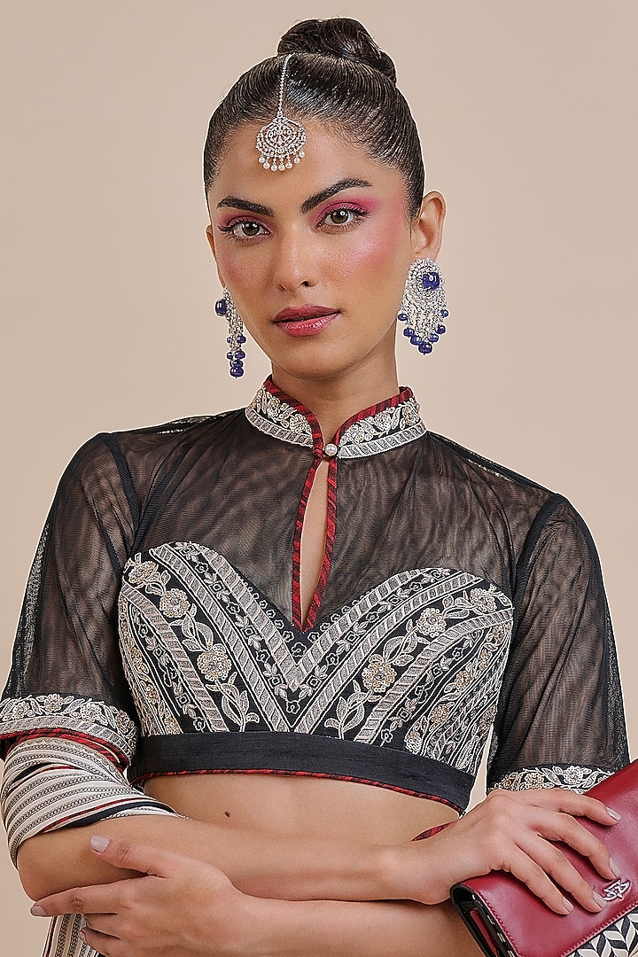 Black & Ivory Viscose Modal Satin Wedding Saree Set by JJV.Kapurthala By JJ Valaya at Pernia's Pop Up Shop