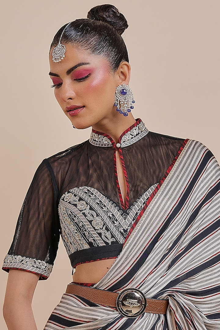 Black & Ivory Viscose Modal Satin Wedding Saree Set by JJV.Kapurthala By JJ Valaya at Pernia's Pop Up Shop
