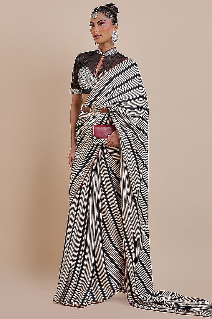 Black & Ivory Viscose Modal Satin Wedding Saree Set by JJV.Kapurthala By JJ Valaya at Pernia's Pop Up Shop