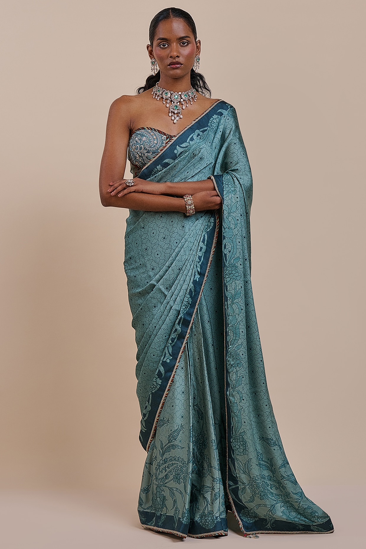 JJV.Kapurthala By JJ Valaya Teal Green Bamberg Modal Satin Printed Saree Set
