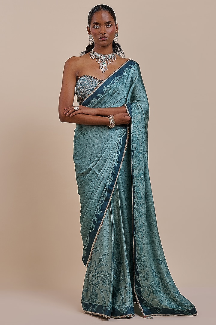 Teal Green Bamberg Modal Satin Printed Wedding Saree Set by JJV.Kapurthala By JJ Valaya at Pernia's Pop Up Shop