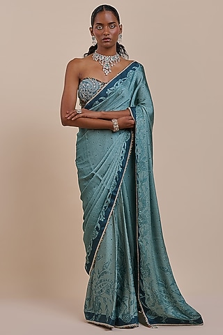 Teal Green Bamberg Modal Satin Printed Saree Set by JJV.Kapurthala By JJ Valaya
