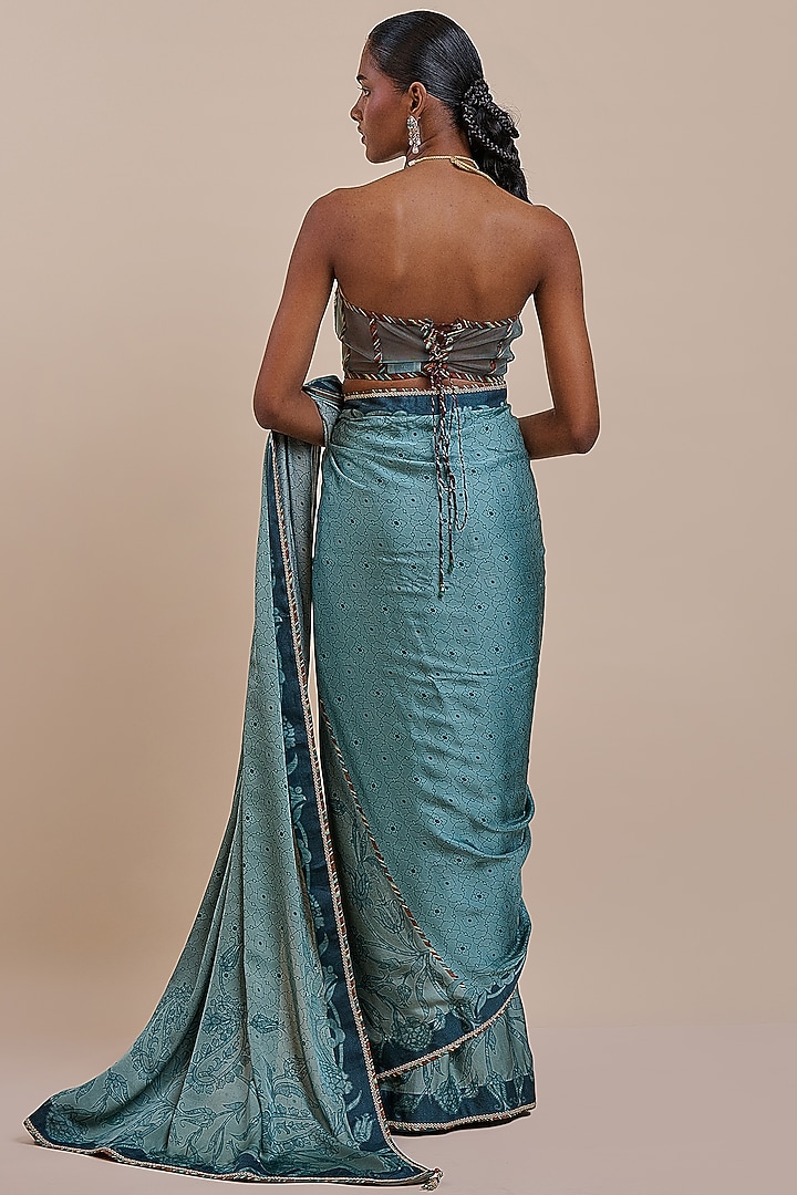 Teal Green Bamberg Modal Satin Printed Wedding Saree Set by JJV.Kapurthala By JJ Valaya at Pernia's Pop Up Shop