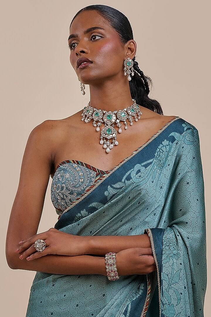 Teal Green Bamberg Modal Satin Printed Wedding Saree Set by JJV.Kapurthala By JJ Valaya at Pernia's Pop Up Shop