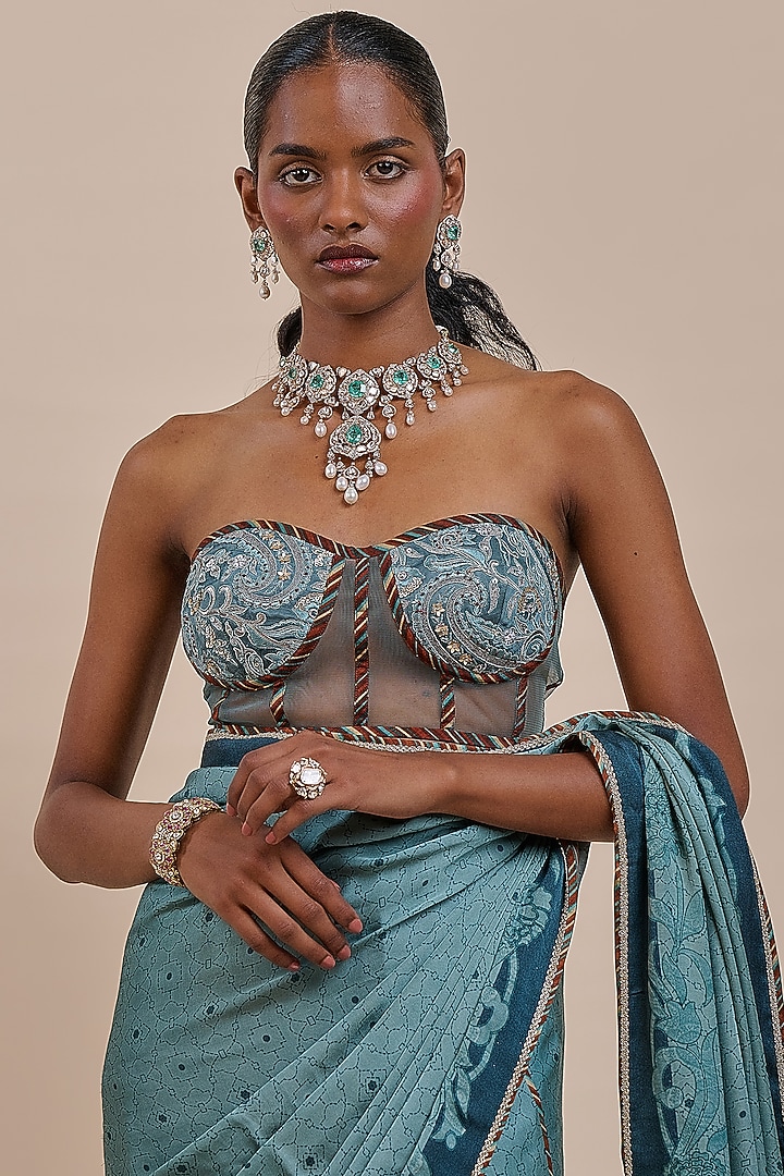 Teal Green Bamberg Modal Satin Printed Wedding Saree Set by JJV.Kapurthala By JJ Valaya at Pernia's Pop Up Shop