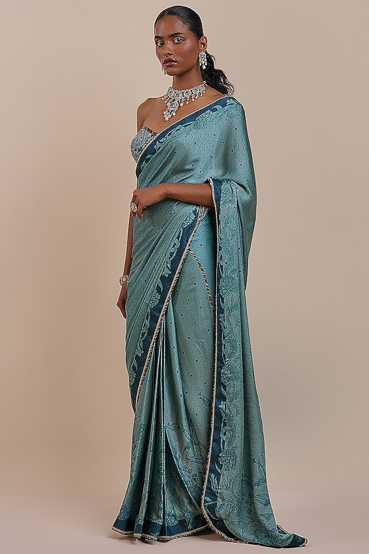 Teal Green Bamberg Modal Satin Printed Wedding Saree Set by JJV.Kapurthala By JJ Valaya at Pernia's Pop Up Shop