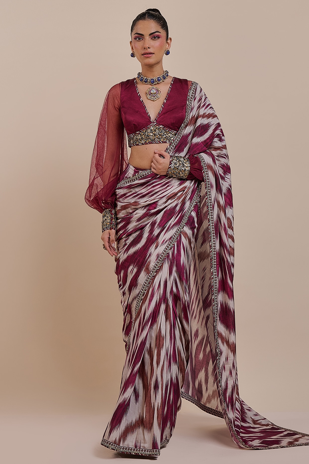JJV.Kapurthala By JJ Valaya Plum Red Cupro Viscose Ikat Printed Saree Set