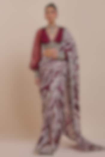 Plum Red Cupro Viscose Ikat Printed Wedding Saree Set by JJV.Kapurthala By JJ Valaya at Pernia's Pop Up Shop