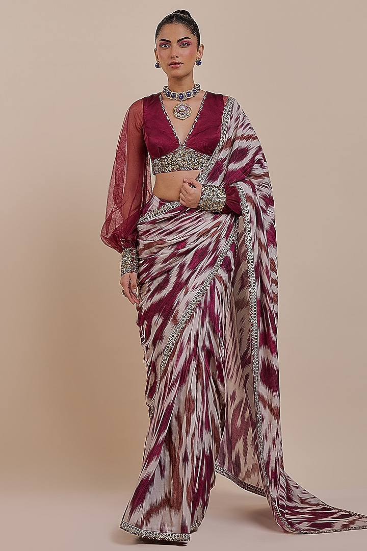 Plum Red Cupro Viscose Ikat Printed Wedding Saree Set by JJV.Kapurthala By JJ Valaya at Pernia's Pop Up Shop