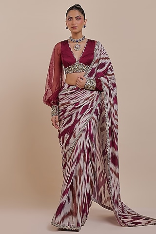 Plum Red Cupro Viscose Ikat Printed Saree Set by JJV.Kapurthala By JJ Valaya