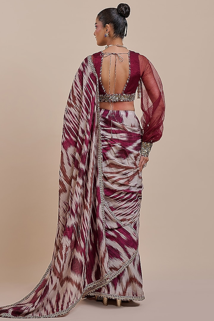 Plum Red Cupro Viscose Ikat Printed Wedding Saree Set by JJV.Kapurthala By JJ Valaya at Pernia's Pop Up Shop