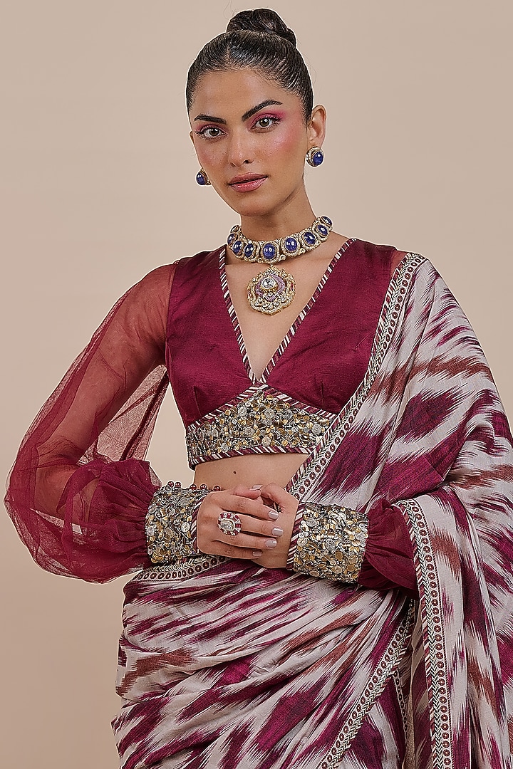 Plum Red Cupro Viscose Ikat Printed Wedding Saree Set by JJV.Kapurthala By JJ Valaya at Pernia's Pop Up Shop