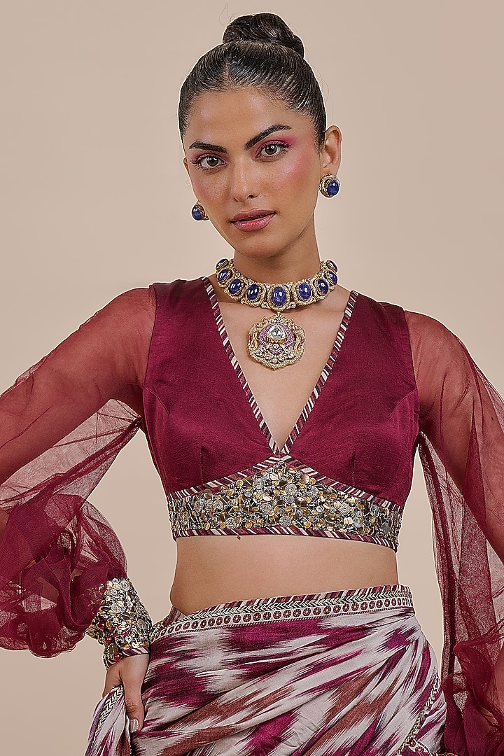 Plum Red Cupro Viscose Ikat Printed Wedding Saree Set by JJV.Kapurthala By JJ Valaya at Pernia's Pop Up Shop