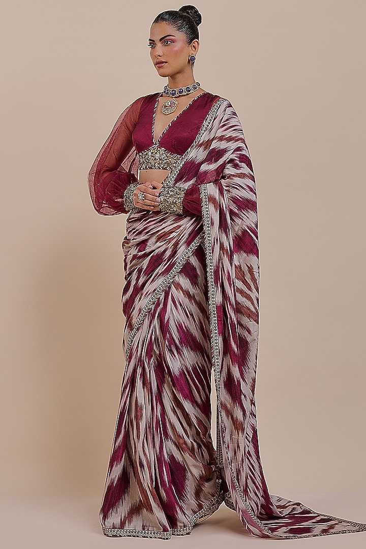 Plum Red Cupro Viscose Ikat Printed Wedding Saree Set by JJV.Kapurthala By JJ Valaya at Pernia's Pop Up Shop
