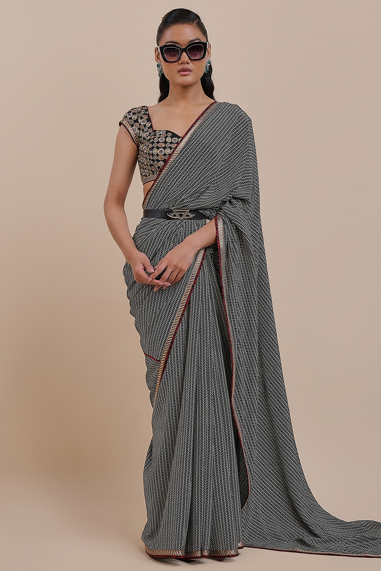 JJV.Kapurthala By JJ Valaya Black & Ivory Silk Saree Set