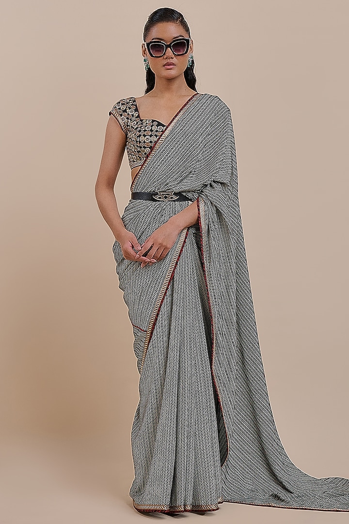 Black & Ivory Silk Reception Saree Set by JJV.Kapurthala By JJ Valaya at Pernia's Pop Up Shop