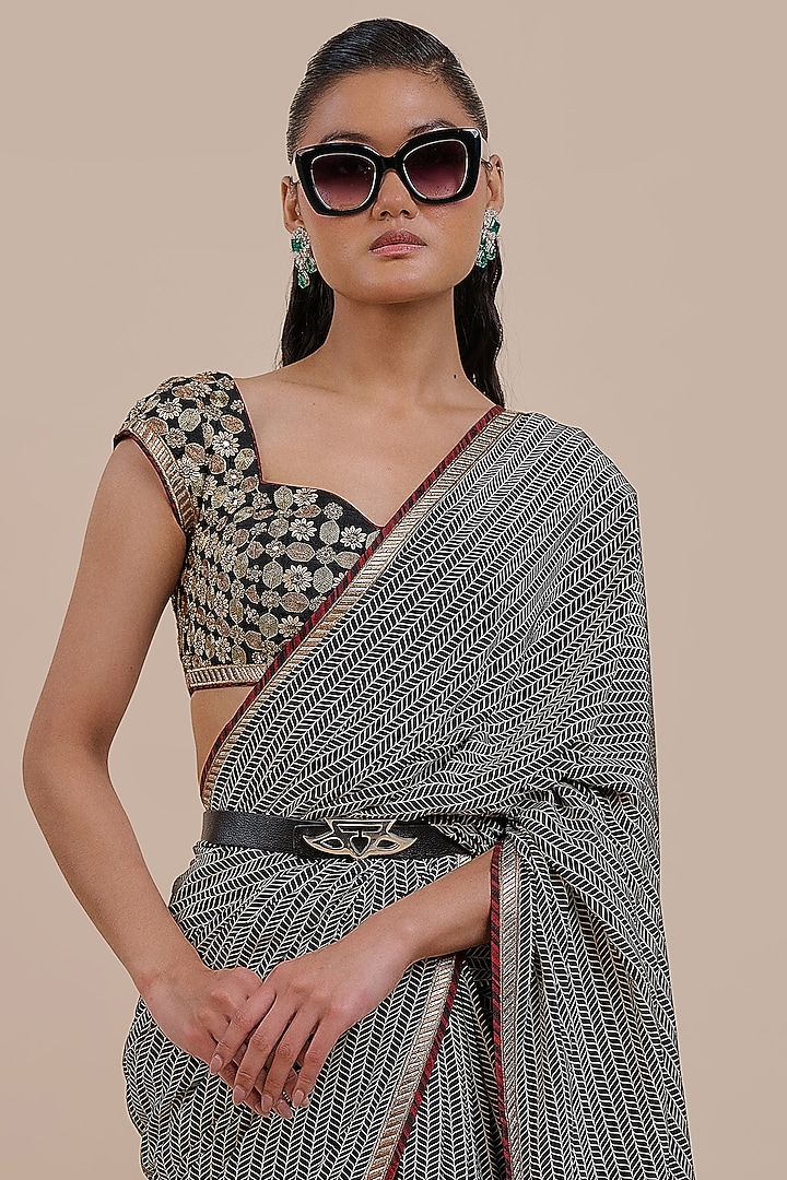 Black & Ivory Silk Reception Saree Set by JJV.Kapurthala By JJ Valaya at Pernia's Pop Up Shop
