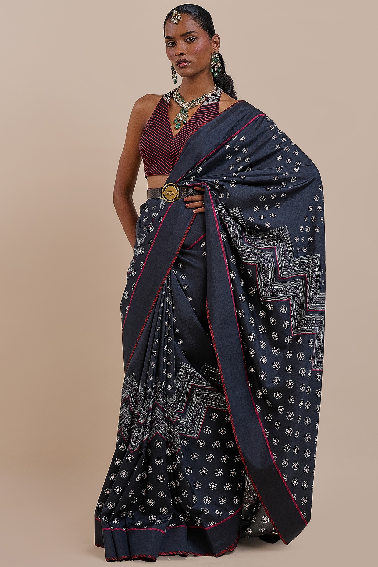 JJV.Kapurthala By JJ Valaya Midnight Blue & Burgundy Silk Saree Set