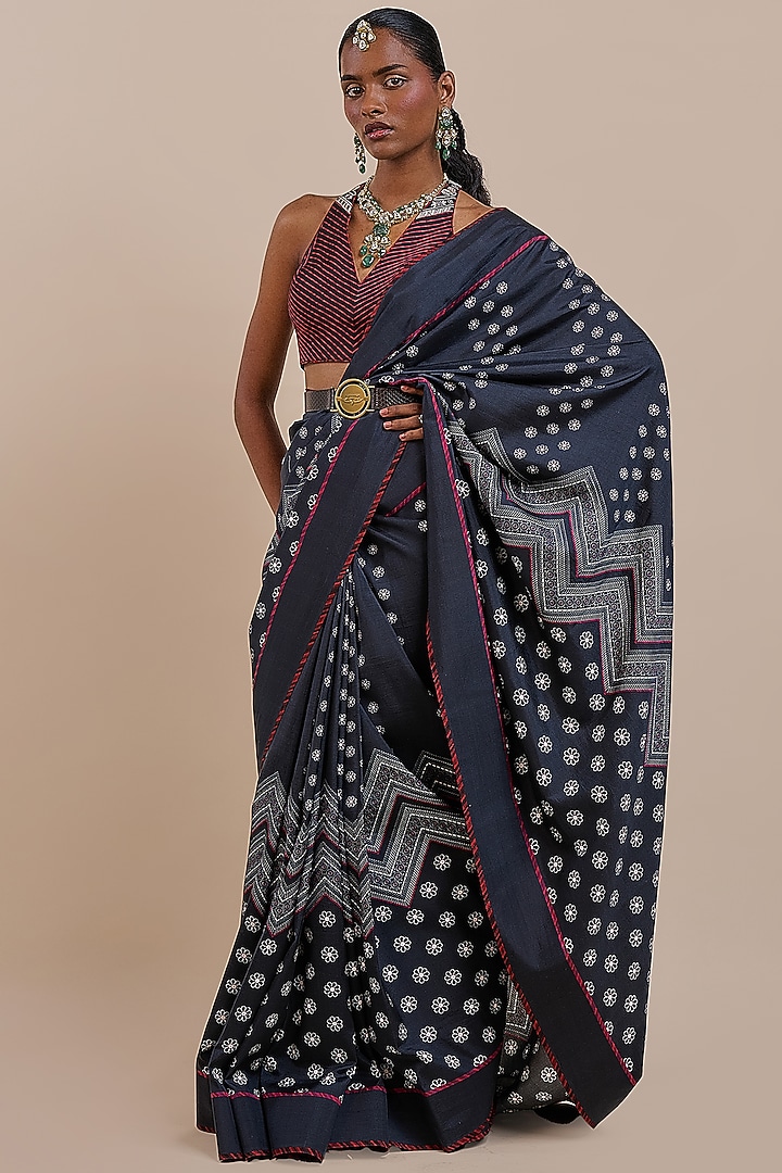 Midnight Blue & Burgundy Silk Reception Saree Set by JJV.Kapurthala By JJ Valaya at Pernia's Pop Up Shop