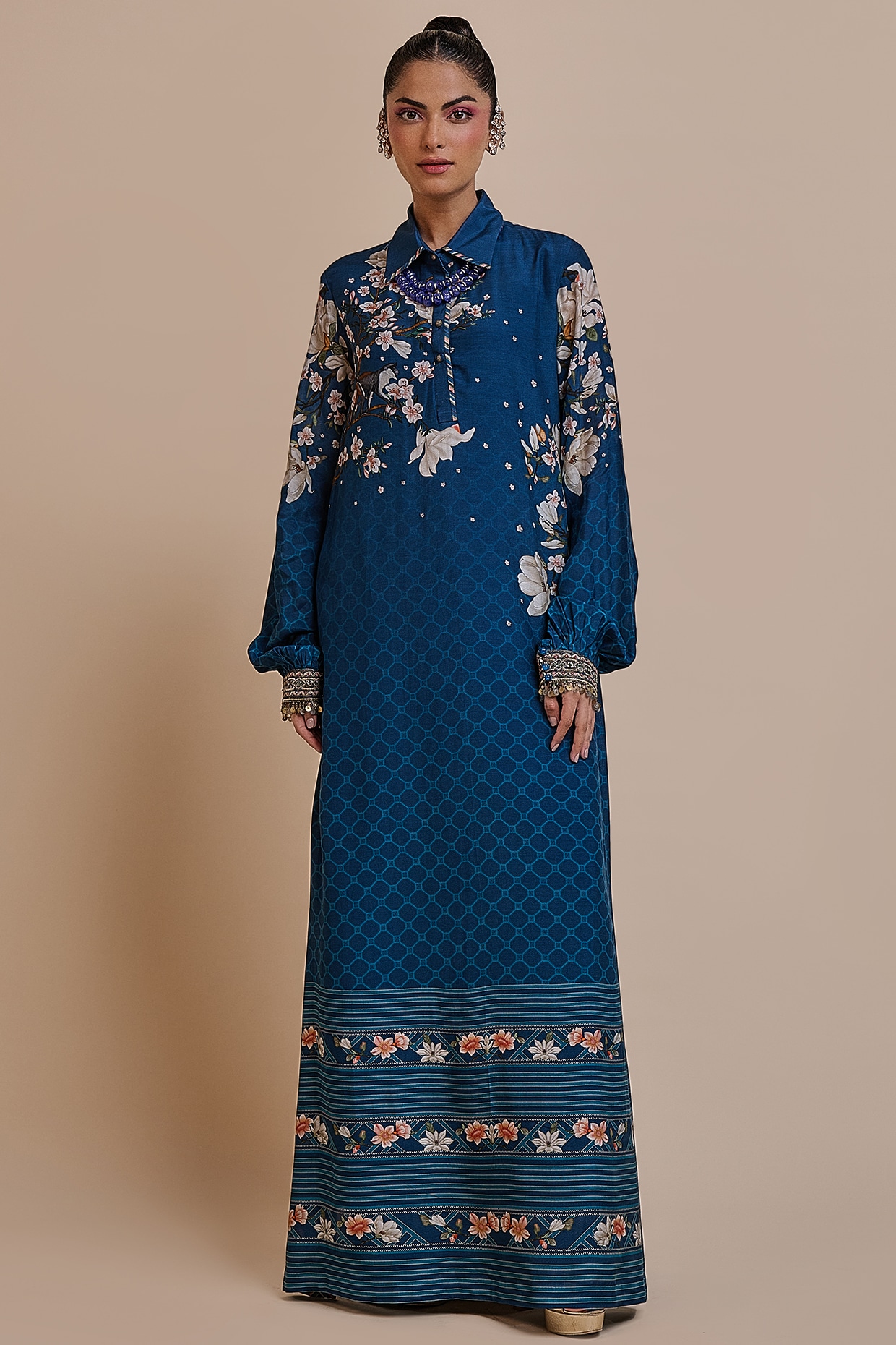 JJV.Kapurthala By JJ Valaya Midnight Blue Cupro Viscose Zari Embroidered Kaftan