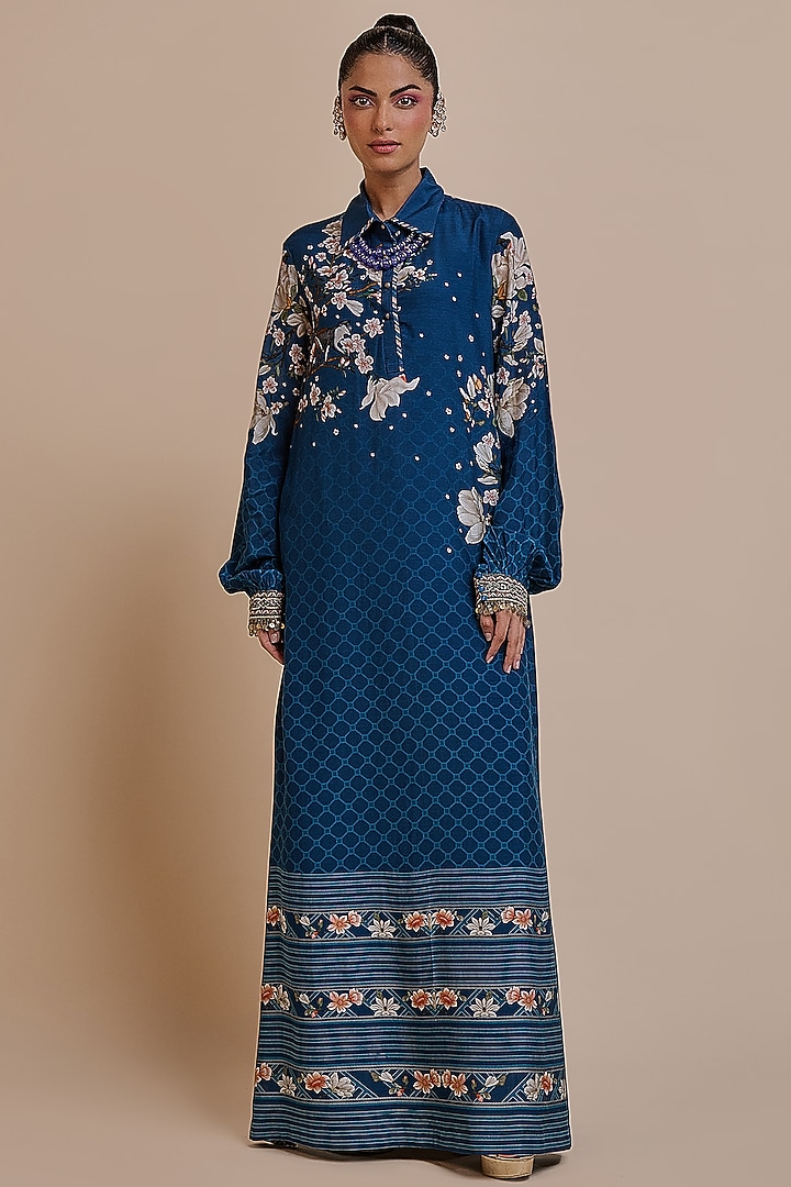 Midnight Blue Cupro Viscose Zari Embroidered Kaftan by JJV.Kapurthala By JJ Valaya at Pernia's Pop Up Shop