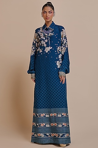 Midnight Blue Cupro Viscose Zari Embroidered Kaftan by JJV.Kapurthala By JJ Valaya