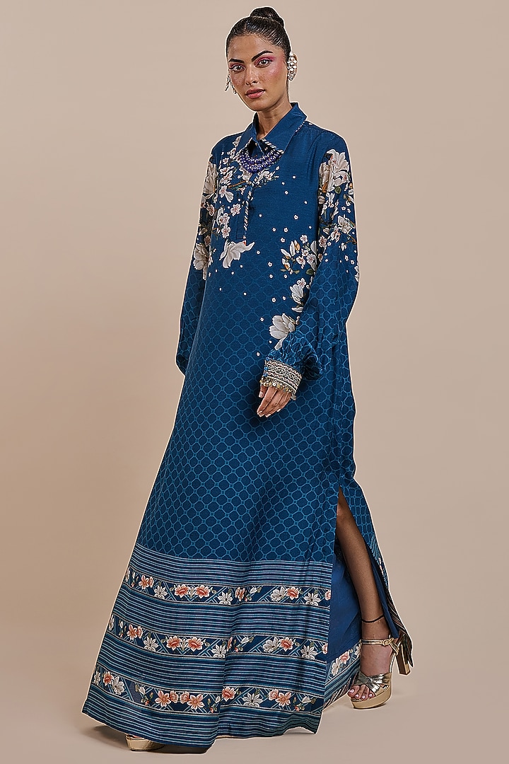 Midnight Blue Cupro Viscose Zari Embroidered Kaftan by JJV.Kapurthala By JJ Valaya at Pernia's Pop Up Shop