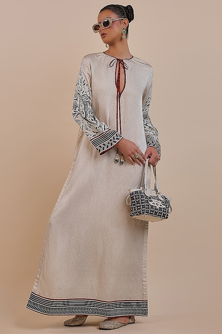 Cream-Ivory Cotton Satin Linen Printed Kaftan by JJV.Kapurthala By JJ Valaya at Pernia's Pop Up Shop