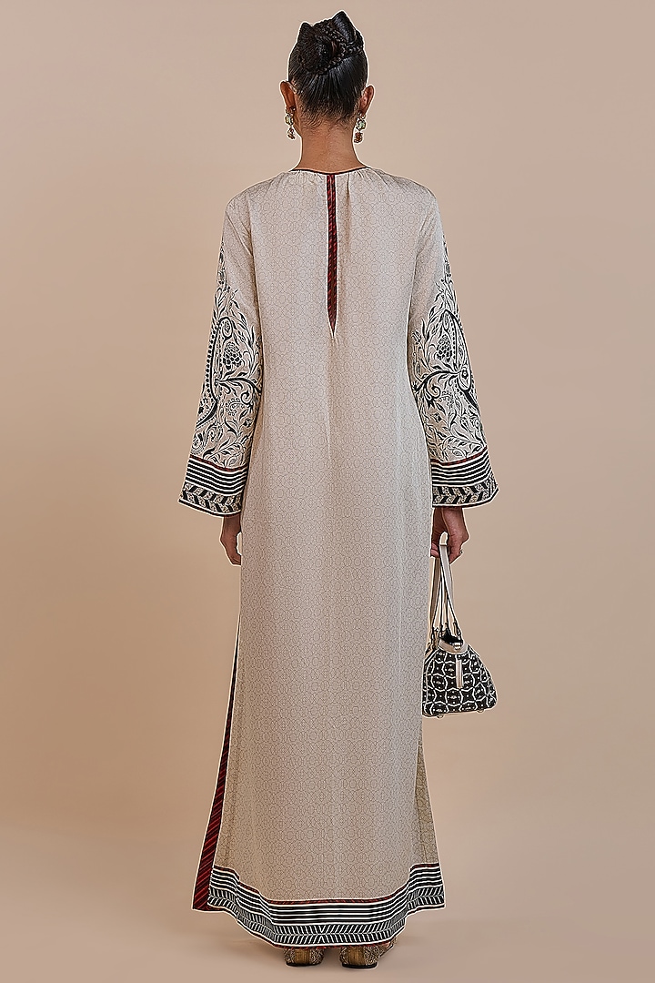 Cream-Ivory Cotton Satin Linen Printed Kaftan by JJV.Kapurthala By JJ Valaya at Pernia's Pop Up Shop