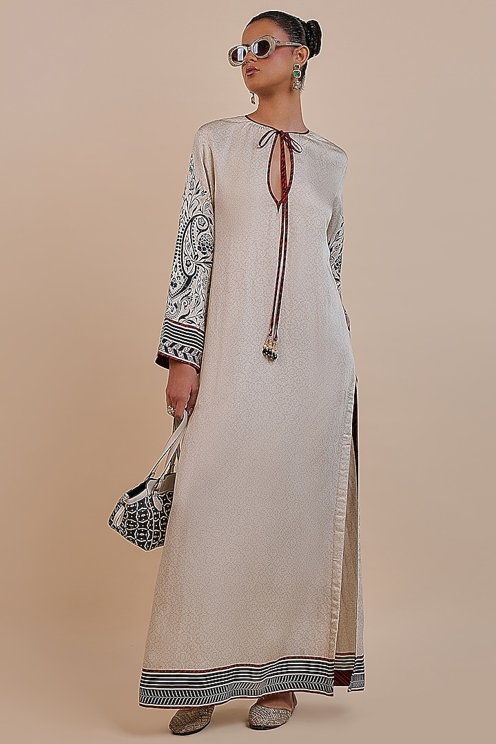 Cream-Ivory Cotton Satin Linen Printed Kaftan by JJV.Kapurthala By JJ Valaya at Pernia's Pop Up Shop