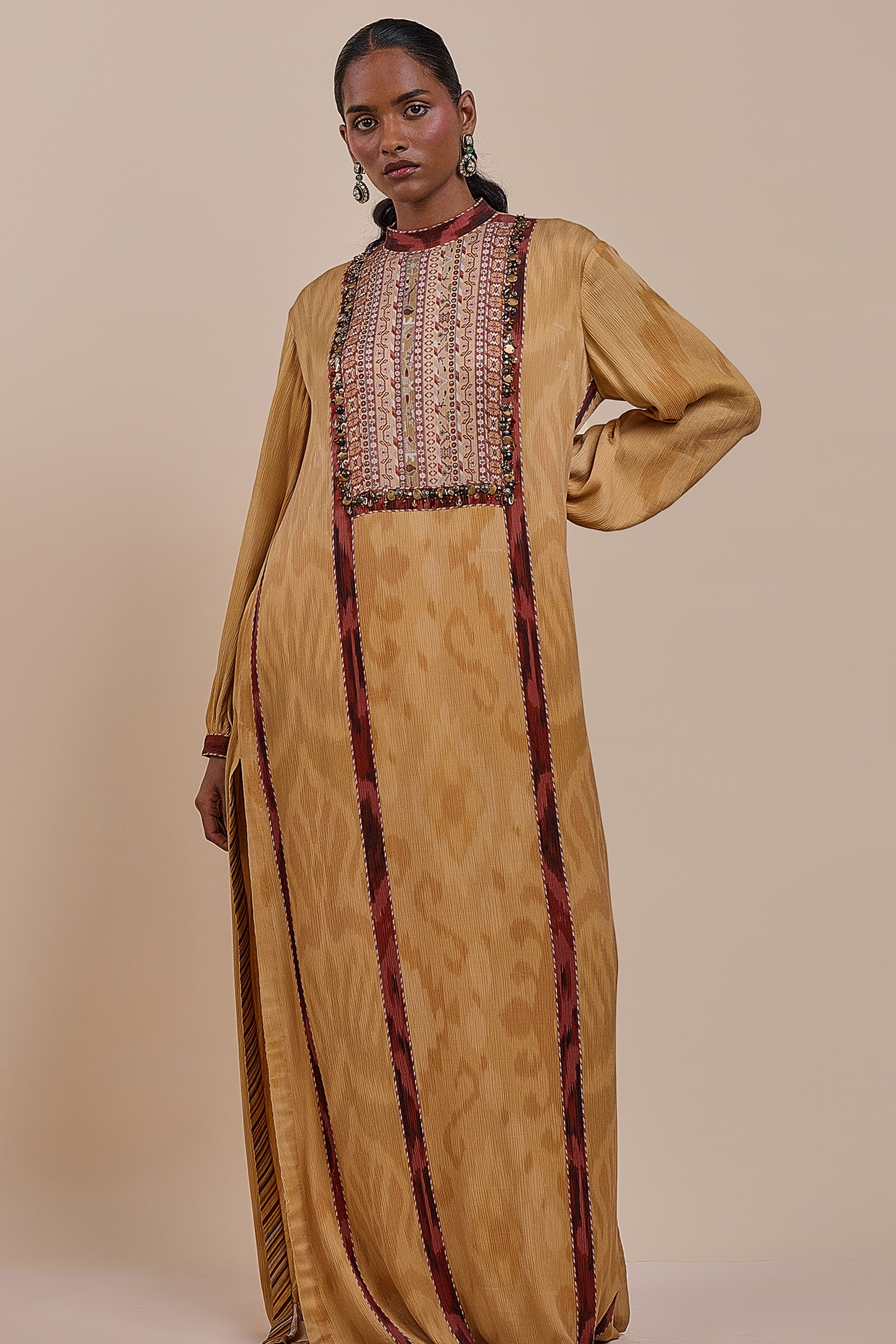 JJV.Kapurthala By JJ Valaya Ochre Yellow Viscose Embroidered Kaftan
