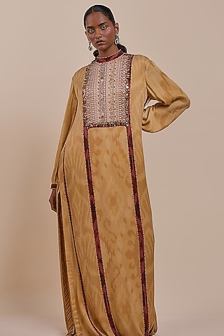 Ochre Yellow Viscose Embroidered Kaftan by JJV.Kapurthala By JJ Valaya