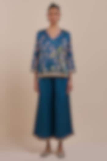 Midnight Blue Cotton Satin Linen Printed Co-Ord Set by JJV.Kapurthala By JJ Valaya at Pernia's Pop Up Shop
