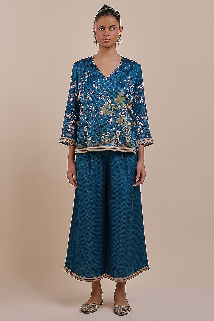 Midnight Blue Cotton Satin Linen Printed Co-Ord Set by JJV.Kapurthala By JJ Valaya at Pernia's Pop Up Shop